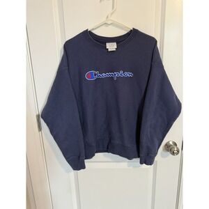 Champion Crewneck Sweatshirt Navy Blue Embroidered Logo Long Sleeve Mens Sz XL